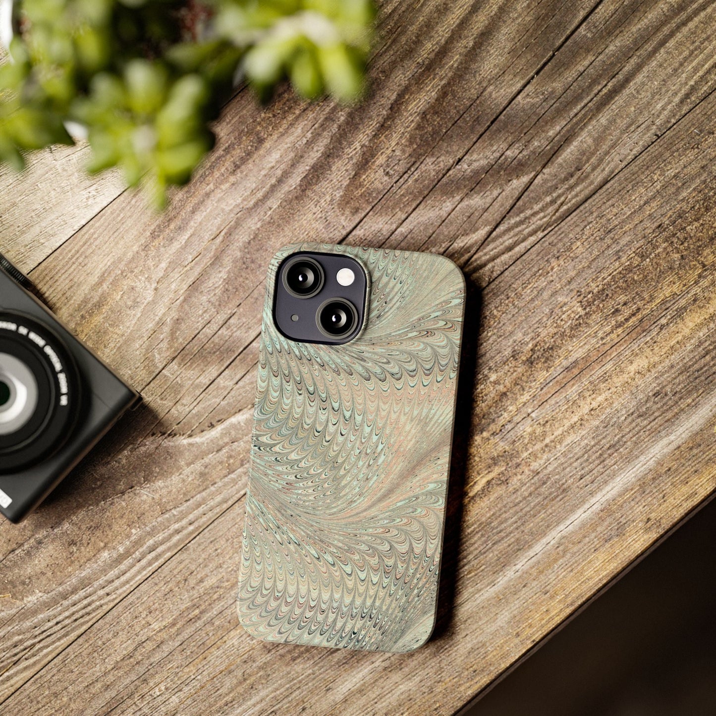 Marbled VIntage Design, Italian Feather Phone Case, Green Hues, Mint, Beige, Neutrals, Slim Phone Cases, IPHONE16 and all sizes
